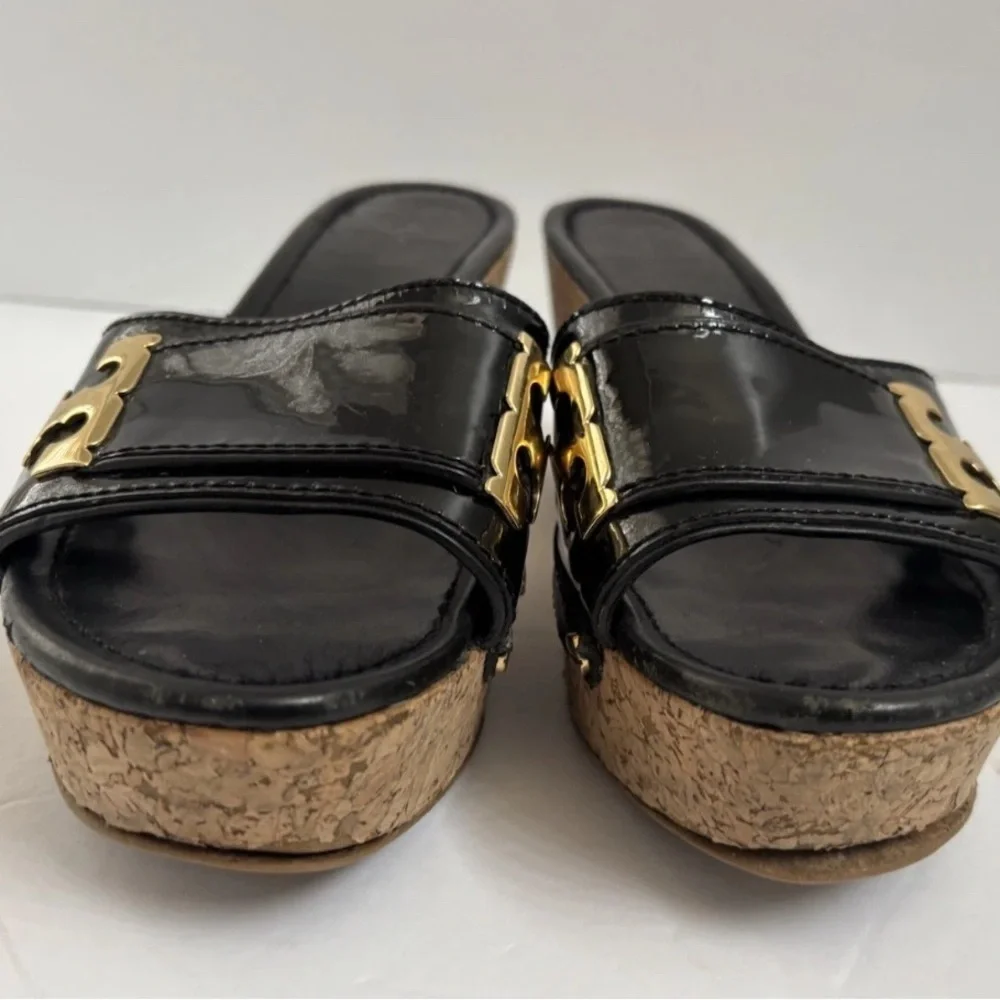 Tory Butch wedge Sandal I Black Leather Slipon size 9.5